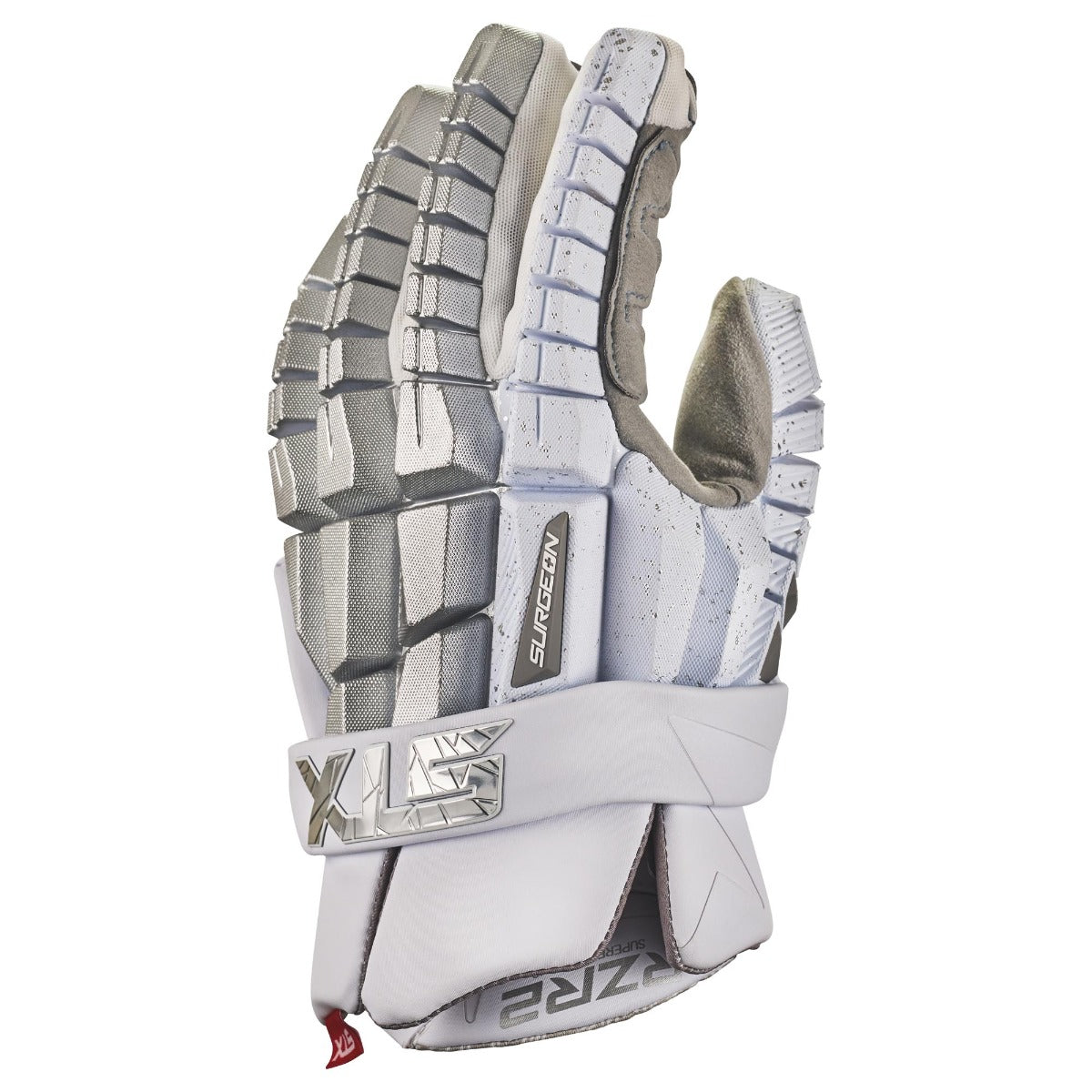 stx rzr 2 lacrosse glove silver angled