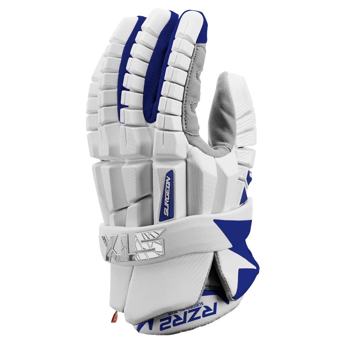 STX RZR2 White and royal lacrosse glove main