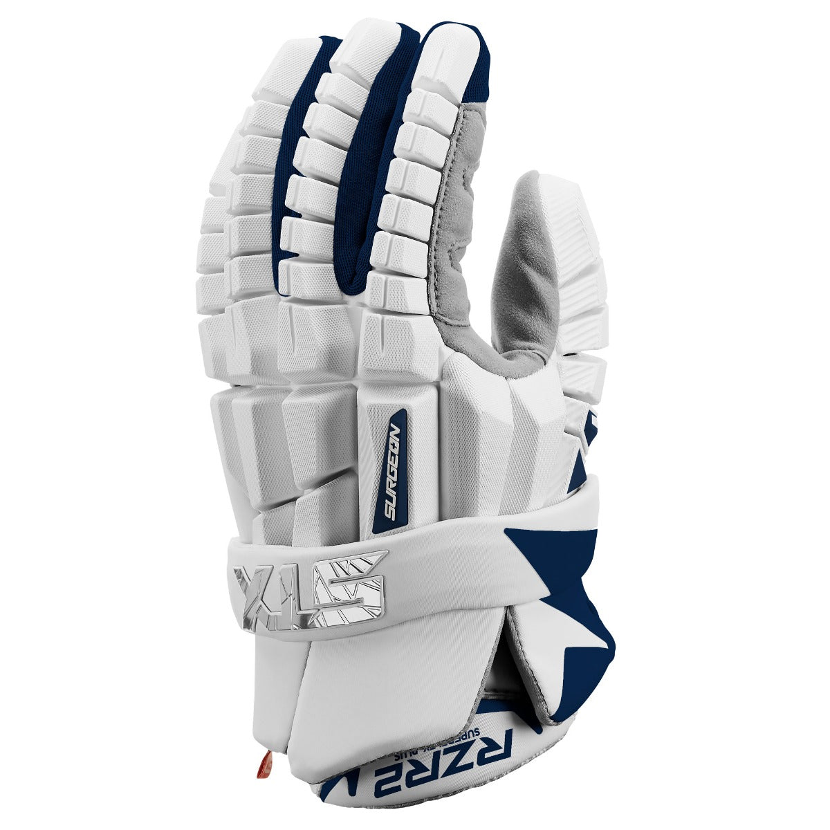 STX RZR2 White and navy lacrosse glove main