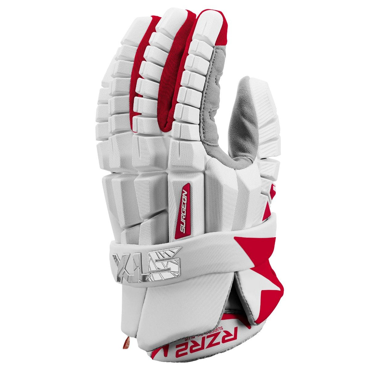 STX RZR2 White and red lacrosse glove main