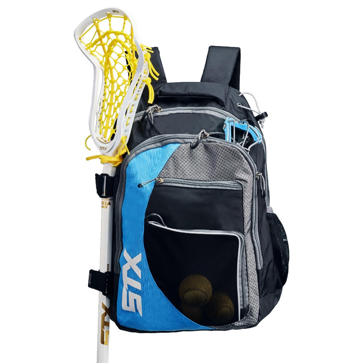 stx sidewinder lacrosse backpack blue with stick